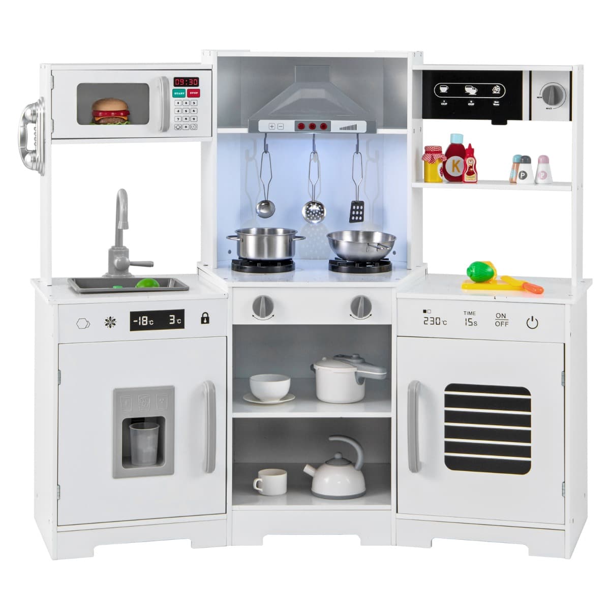 CostwayCuisine de Jeu pour Enfants de 3 Ans+ Jouets en Bois Avec Hotte Machine à Glaçons Evier Robinet Micro-ondes Four Ustensiles Sons Blanc