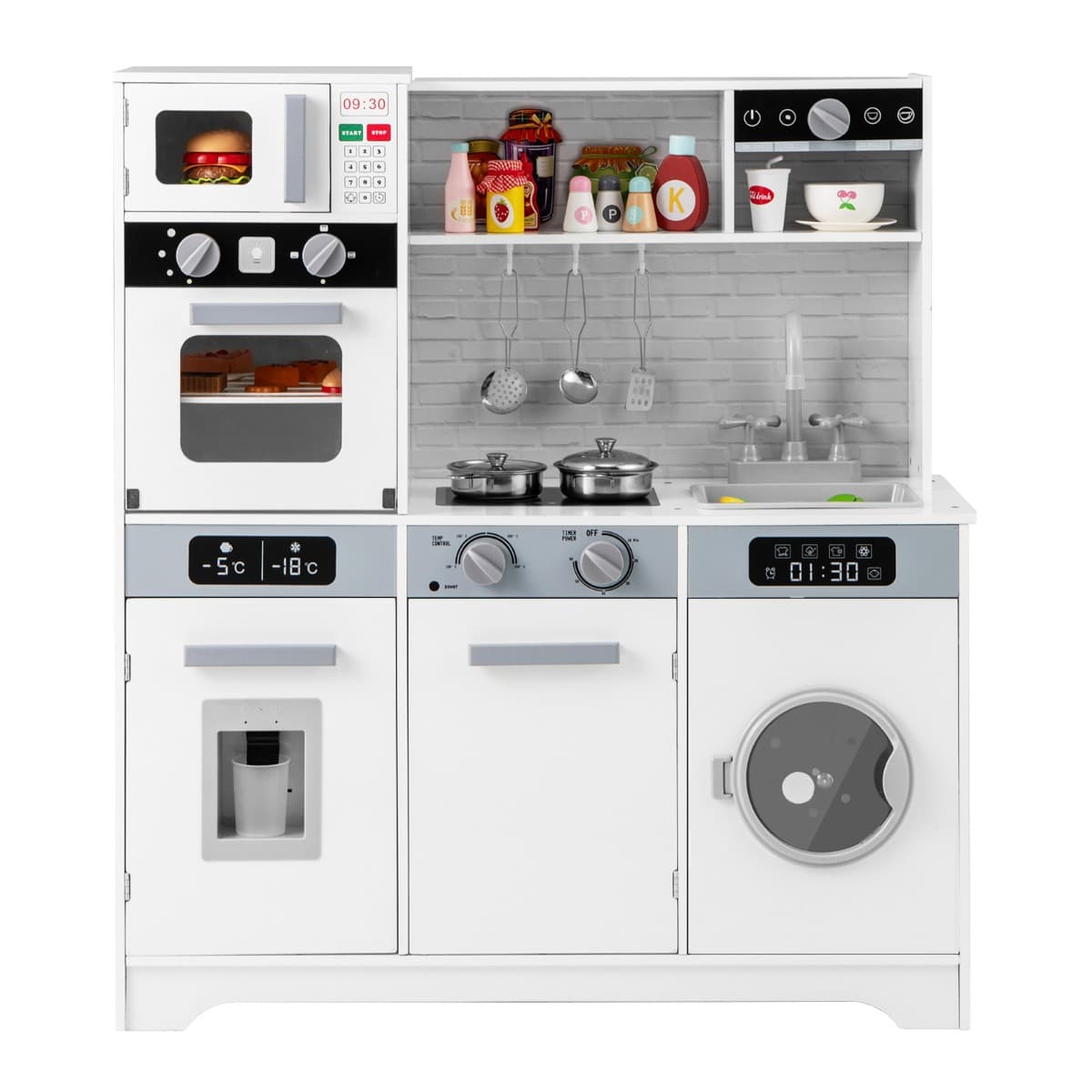 CostwayCuisine de Jeu pour 3 Ans et Plus Jouets de Cuisine en Bois avec Evier Robinet Distributeur d’Eau Micro-ondes Four Ustensiles Blanc